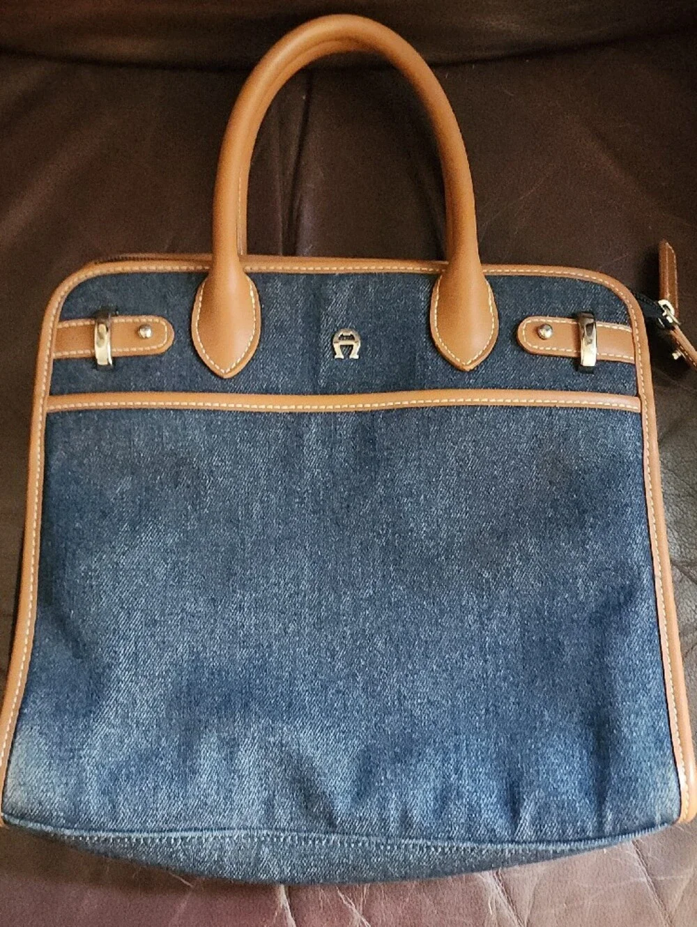 Etienne Aigner Denim & Tan Leather Tote Handbag